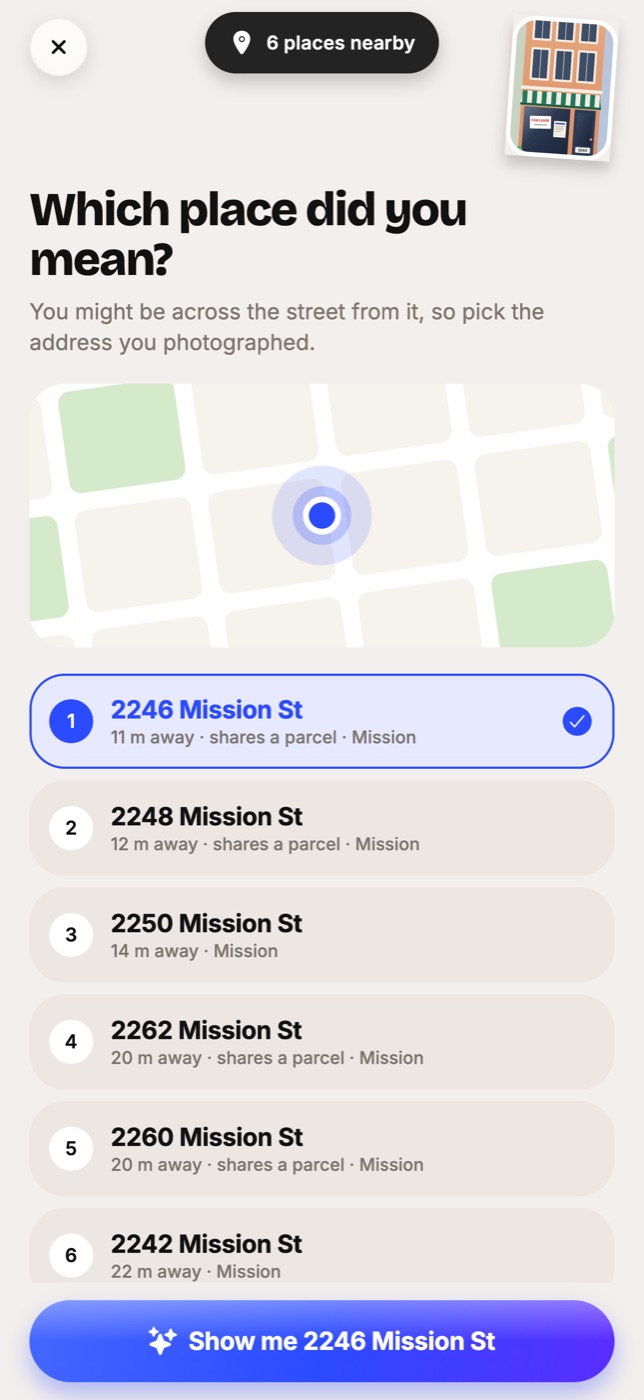 Which place did you mean? A list of nearby Mission Street addresses with distances, and the photo taken.