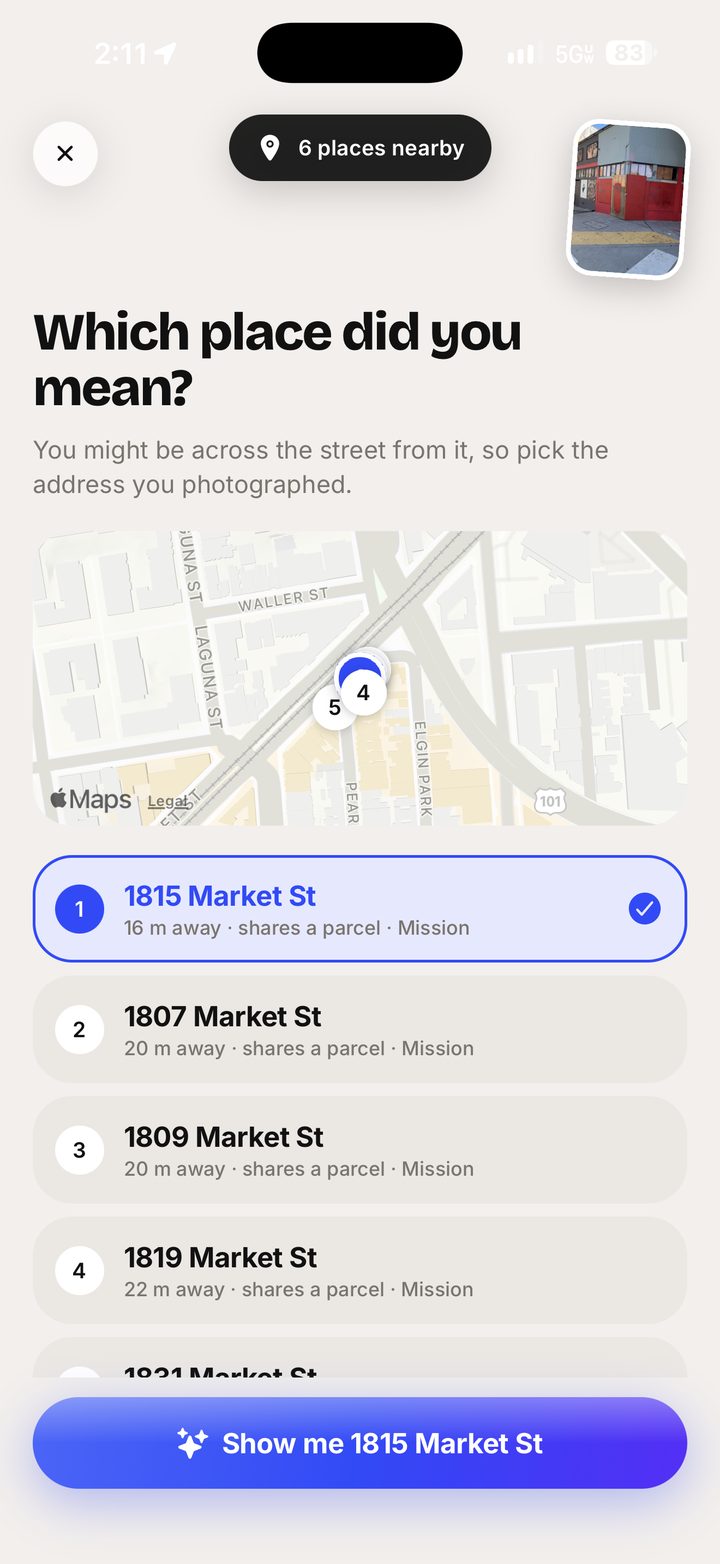 Which place did you mean? A list of nearby Market Street addresses with distances, and the photo taken.