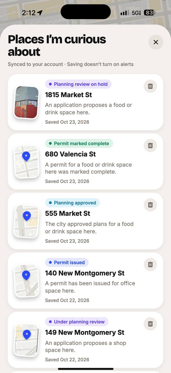 Places I'm curious about: five saved San Francisco addresses, each with its stage and headline.
