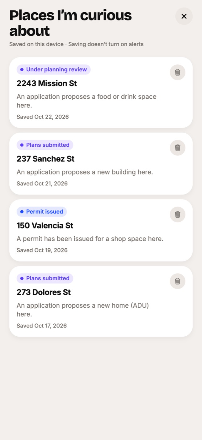 Places I'm curious about: four saved San Francisco addresses, each with its stage and headline.